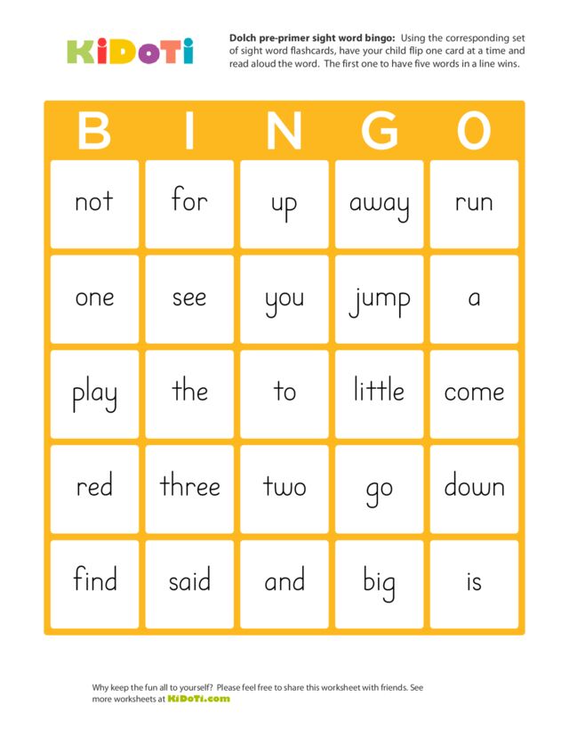 Dolch Words Bingo Beginner 2